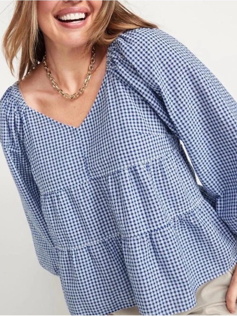 Old Navy Tiered Seersucker Long Sleeve Top Blue White Gingham Plaid Size XXL
